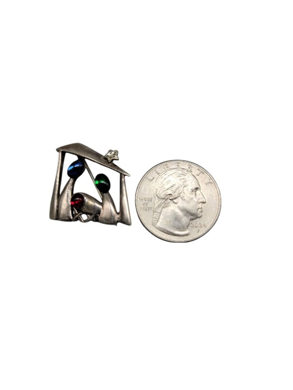 Silpada Christmas Brooch Sterling Silver Nativity Red Green Blue Cabachons 925 - Picture 9 of 9